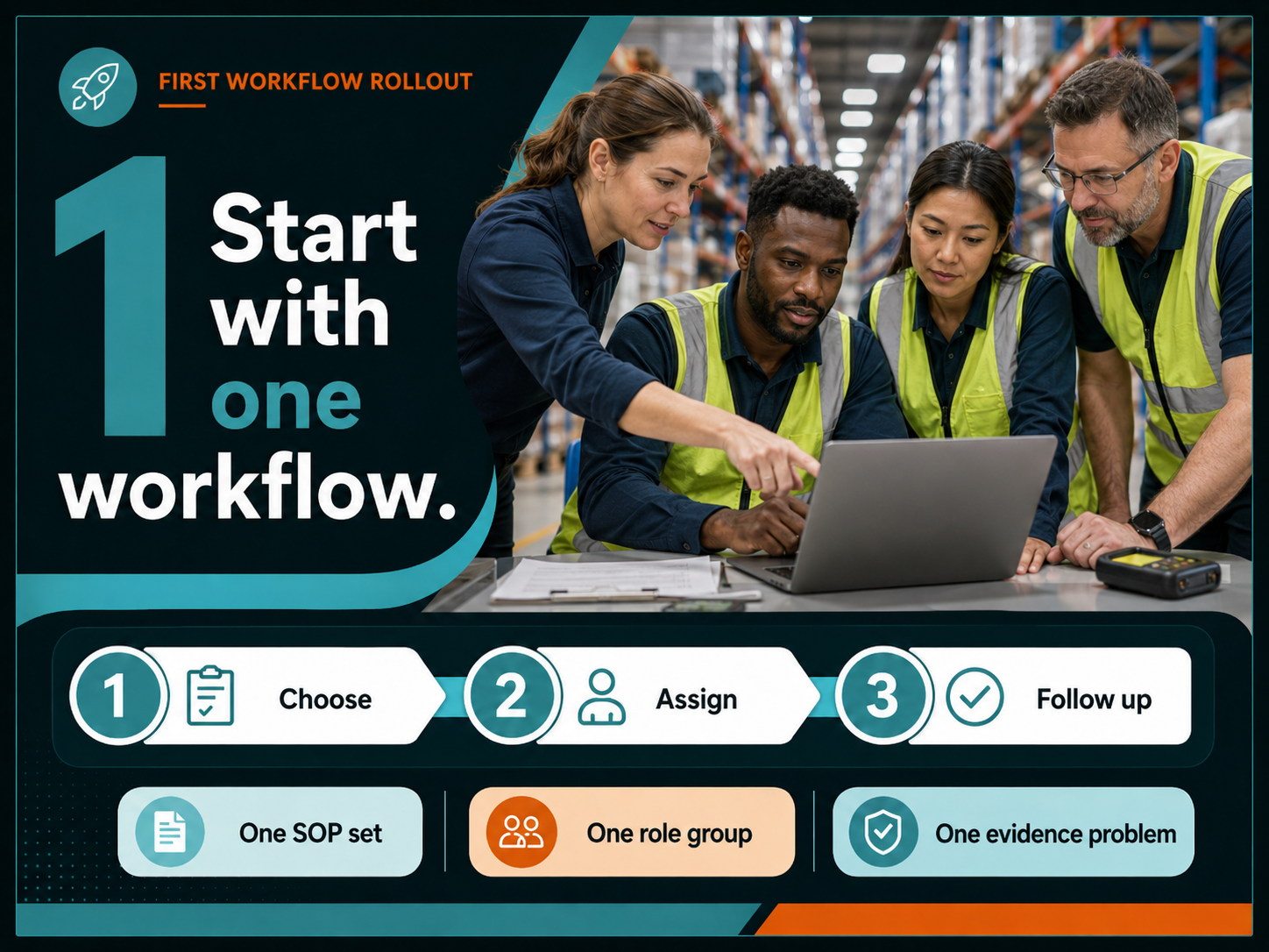 First rollout roadmap showing one site, one team, one SOP set or induction path, and a controlled route to expansion.